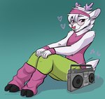 anthro antlers clothed clothing electronics facial_piercing femboy fur horn male nose_piercing nose_ring piercing radio ring_piercing solo white_body white_fur workout_clothing rioluaural moredeer deer mammal absurd_res hi_res