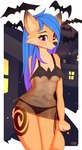 anthro black_clothing black_panties black_underwear blue_hair blush breasts canid canine clothed clothing collarbone eyebrows female fingers fox fur gumi_(omiart) hair hi_res mammal navel omiart panties translucent_nightgown underwear