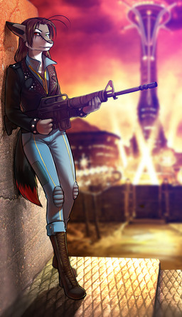 anthro ar-15 assault_rifle belt biped boots brown_hair clothed clothing detailed_background fangs female footwear fully_clothed fur grey_body grey_fur gun hair half-closed_eyes heterochromia holding_gun holding_object holding_ranged_weapon holding_weapon jacket jumpsuit knee_boots knee_highs knee_pads leaning leather leather_clothing leather_jacket leather_topwear legwear long_hair looking_at_viewer m16 narrowed_eyes open_mouth outside ranged_weapon rifle shoelaces shoes solo standing stoner_rifle teeth topwear vault_suit weapon totesfleisch8 fallout microsoft dimi_(character) katinka_vexoria tunnel_snakes_(fallout) canid canine canis mammal wolf full-length_portrait hi_res portrait