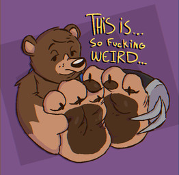 3_toes amputee anthro barefoot bottomwear claws clothing dialogue disability feet foot_focus holding_feet looking_at_viewer male pawpads plantigrade shorts simple_background soles solo toe_claws toes dogeoisie deadwingdork claw_(deadwingdork) bear mammal