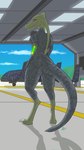 3_toes aircraft anthro blue_sky breasts butt cameo cloud depth_of_field detailed_background digitigrade feet female glowing_object green_body green_skin hand_on_hip landing_gear light long_tail looking_aside markings mouth_closed one_piece_suit plant purple_eyes rear_view shadow side_boob sky solo standing sunlight tail toes tree vehicle wheel window yellow_lines spookyrockfall pinwheel_(snekguy) alien valbaran 2025 4k 9:16 absurd_res digital_media_(artwork) hi_res signature