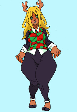 anthro antlers barefoot blonde_hair blue_background bottomwear brown_body brown_fur buckteeth clothing feet female frown fur green_eyes hair hooved_toes hooves horn long_hair pants red_nose shirt simple_background solo teeth thick_thighs topwear vest worried_look rodolfator deltarune undertale_(series) noelle_holiday deer mammal new_world_deer hi_res