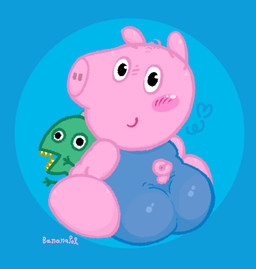 anthro black_eyes blue_clothing blue_leotard blush blush_lines butt clothing curled_tail fur heart_symbol leotard looking_at_viewer looking_back male pink_body pink_ears pink_fur pink_nose pink_tail rear_view simple_background sitting smile solo tail text thick_thighs three-quarter_view toony toy toy_dinosaur young young_anthro young_male bananapop peppa_pig george_pig domestic_pig mammal suid suine sus_(pig) 2025 artist_name digital_media_(artwork) hi_res