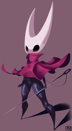 anthro black_body black_eyes cloak clothing empty_eyes featureless_crotch featureless_feet feet female front_view grey_background holding_object holding_weapon pink_cloak pink_clothing simple_background solo thick_thighs weapon white_body wide_hips kkrispy hollow_knight_(franchise) team_cherry hornet_(hollow_knight) arthropod insect hi_res