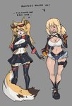 accessory alternate_costume anthro belt belt_buckle big_breasts black_clothing blonde_hair blush bottomwear breasts brown_body brown_fur buckle cleavage clothed clothing clothing_swap dialogue duo ear_tuft eyewear eyewear_on_head female female/female fingers fluffy fluffy_tail footwear fur gesture green_eyes grey_background hair hair_accessory hand_gesture hand_holding jacket leather leather_clothing leather_jacket leather_topwear legwear long_tail looking_at_another looking_away midriff multicolored_tail neck_tuft one_eye_closed open_mouth pointing pointing_up ponytail red_eyes shirt shorts simple_background skirt spikes standing sunglasses sunglasses_on_head tail teeth text thigh_highs tongue topwear tuft twintails_(hairstyle) white_body white_fur wink winking_at_another yellow_body yellow_fur snoutless mihoyo zenless_zone_zero burnice_white pulchra_fellini felid feline human mammal thiren 2025 absurd_res digital_drawing_(artwork) digital_media_(artwork) english_text hi_res