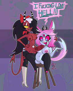 2_horns 3_eyes anthro areola balls big_breasts big_penis black_hair black_lips black_lipstick blue_body blue_eyes blue_skin blush bodily_fluids boots breasts choker clothing dialogue dripping duo eye_scar eyelashes facial_scar female footwear freckled_face freckles genital_fluids genitals gynomorph gynomorph/female hair hair_over_eye heart_pupils high_heeled_boots high_heels horn huge_penis humanoid_on_anthro imminent_sex intersex intersex/female jewelry lips lipstick logo long_eyelashes long_hair makeup membrane_(anatomy) membranous_wings multi_eye necklace nipple_piercing nipples penis piercing pink_hair pink_sclera precum precum_drip profanity pubes red_body red_skin scar shoes short_hair slightly_chubby slightly_chubby_anthro slightly_chubby_female smile spade_tail speech_bubble striped_horn stripes tail text thick_thighs vein vulva wide_hips wings yellow_sclera zelisinhell hellaverse helluva_boss emberlynn_pinkle sallie_may_(helluva_boss) cat_demon demon demon_humanoid felid horned_humanoid humanoid imp mammal sinner_demon 2026 artist_logo artist_name digital_media_(artwork) english_text hi_res trans_(lore) trans_woman_(lore)