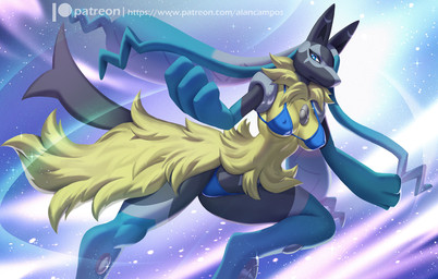 anthro big_hands biped breasts clothed clothed_anthro clothed_female clothing female female_anthro fingers front_view fur looking_at_viewer medium_breasts solo sparkles tail alanscampos nintendo pokemon canid canine generation_9_pokemon mammal mega_evolution mega_lucario_z pokemon_(species) 2025 digital_drawing_(artwork) digital_media_(artwork) hi_res