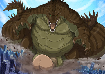 anthro balls biceps big_tail biped building building_destruction city city_destruction cityscape claws destruction detailed_background dust erection finger_claws genitals green_body green_eyes house humanoid_genitalia humanoid_penis looking_at_viewer macro macro_anthro macro_male male nude open_mouth outside pecs penile penis rampage sky solo tail teeth tongue shikizshigls carnak_(carpo) crocodile crocodilian reptile scalie hi_res