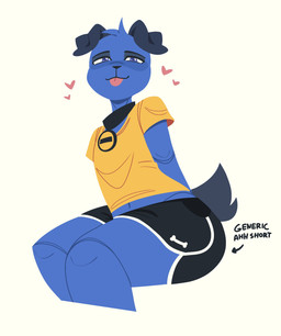 anthro bedroom_eyes big_butt black_collar black_nose blep blue_body blue_fur bottomwear butt clothing collar directional_arrow dolphin_shorts floppy_ears fur grey_body grey_fur heart_eyes heart_symbol looking_at_viewer male midriff narrowed_eyes seductive shirt shorts simple_background sitting smile solo text thick_thighs tongue tongue_out topwear white_background yellow_clothing yellow_shirt yellow_topwear dalueart dalue_(dalueart) canid canine canis domestic_dog mammal absurd_res english_text hi_res