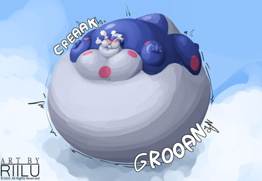anthro blue_body blue_sky blush blush_lines copyright_symbol countershading fingers floating grey_body grey_countershading inflation male male_anthro nude_anthro nude_male sky solo sound_effects spherical_inflation symbol tail text white_cloud year riilu riilu_(character) scalie 2025 artist_name digital_media_(artwork) english_text hi_res shaded