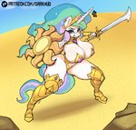 anthro armor armored_boots big_breasts bikini_armor breasts crown female hair headgear holding_melee_weapon holding_object holding_sword holding_weapon horn melee_weapon multicolored_hair shield solo sword tiara unconvincing_armor weapon white_body darknud friendship_is_magic hasbro my_little_pony mythology princess_celestia_(mlp) equid mammal mythological_creature mythological_equine 2025 absurd_res detailed digital_drawing_(artwork) digital_media_(artwork) hi_res