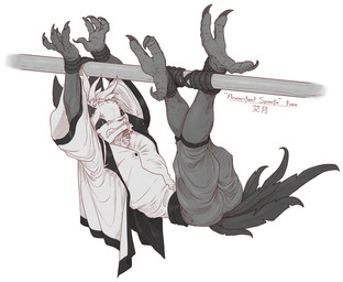 3_toes anthro barefoot bdsm bondage bound captured clothed clothing countershade_feet countershading feet foot_focus fully_clothed legs_up male plantigrade prisoner restrained restraints rope soles solo submissive submissive_male suspension toes kredri don't_starve klei_entertainment quail_(don't_starve) avian mammal