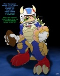 american_football anthro armor ball bottomwear claws cleats clothing gloves gridiron_ball handwear headgear helmet holding_ball holding_object horn jersey male pants paws scales shirt snout solo spikes sport tail text topwear torn_clothing transformation catmonkshiro mario_bros nintendo bowser chargin'_chuck koopa reptile scalie 2013 english_text hi_res