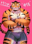 anthro biped black_hair blue_eyes boxer_briefs bulge chest_scar clothed clothing dog_tags eye_scar facial_scar fur hair male markings military multicolored_body multicolored_fur navel orange_body orange_fur orange_tail pink_background pink_nose scar simple_background soldier solo striped_body striped_fur striped_markings striped_tail stripes tail tail_markings two_tone_body two_tone_fur underwear underwear_only warrior white_body white_fur white_tail morningbread16 benki_wars lieutenant_trouser felid mammal pantherine tiger 3:4 hi_res