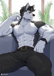 abs anthro barazoku biceps big_muscles biped black_body black_fur countershade_fur countershading fur looking_aside male muscular muscular_anthro muscular_male pecs shirtless_anthro shirtless_male solo white_body white_countershading white_fur yellow_eyes anjing_kampuss joseph_(anjing_kampuss) canid canine canis domestic_dog husky mammal nordic_sled_dog spitz 2024 hi_res