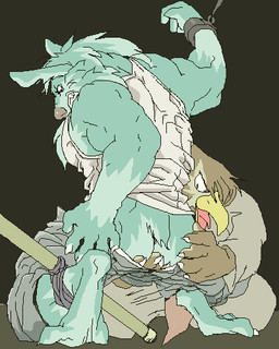 anthro barazoku bottomwear bound brown_body butt chain chained clothing duo humanoid_hands kemono male muscular muscular_male pants shirt topwear underwear unknown_artist avian canid canine canis mammal wolf 2007 4:5 digital_media_(artwork) low_res oekaki