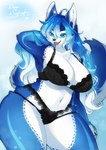 ahoge anthro big_breasts blue_body blue_eyes blue_fur blue_hair bra breasts chest_tuft cleavage clothed clothing female fur gradient_hair hair hand_behind_head holding_hair kemono lace lace_bra lace_markings lace_panties lingerie open_mouth open_smile panties smile solo sparkle_(marking) text thick_thighs touching_hair tuft underwear white_body white_fur lemoco saphayla_(zelianda) canid canine fox mammal absurd_res english_text hi_res