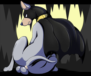 anus balls black_cape black_clothing cape cave clothed clothed_feral clothing collar feral fur genitals grey_body grey_fur looking_at_viewer looking_back looking_back_at_viewer male mask rear_view sitting solo superhero_costume tail tail_aside white_eyes conditional_dnp psy101 ace_the_bat-hound canid canine canis domestic_dog mammal hi_res