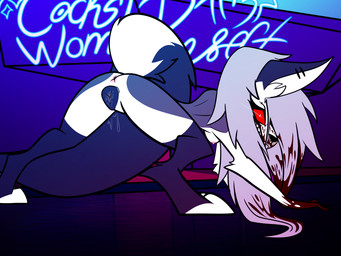 all_fours animal_genitalia animal_vulva anthro anus blood blood_on_face blood_on_hand bodily_fluids breasts canine_genitalia canine_vulva female genitals looking_at_viewer looking_back on_model presenting raised_tail solo tail vulva alteredkrimson hellaverse helluva_boss mythology loona_(helluva_boss) canid canid_demon canine demon hellhound mammal mythological_canine mythological_creature 4:3 absurd_res hi_res