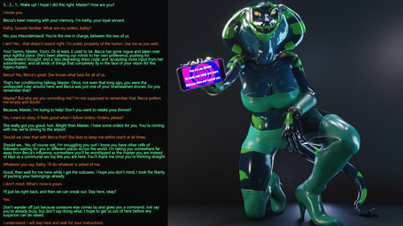 anthro boots bottomwear breasts caption cellphone clothing dialogue electronics female first_person_view footwear green_boots green_bottomwear green_clothing green_footwear green_topwear high_heeled_boots high_heels holding_object holding_phone hypnotic_screen kneeling legwear mind_control on_one_knee phone shoes smartphone solo spiral tail text thigh_boots thigh_highs topwear thalarynth petruz_(modeler) cobra_(petruz) kathy_(thalarynth) cobra reptile scalie snake 16:9 2022 3d_(artwork) digital_media_(artwork) english_text hi_res widescreen