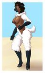 anthro beach black_hair breasts cloven_hooves dark_body dark_skin female fingers fur hair hooved_fingers hooves human_to_anthro nipples nude outside seaside solo species_transformation standing transformation white_body white_fur white_wool wool_(fur) archilycant bovid caprine mammal sheep hi_res