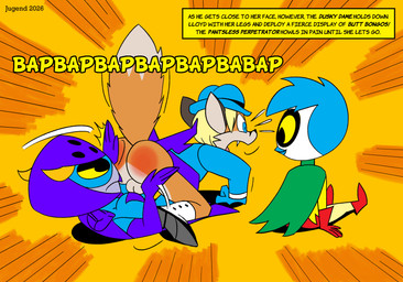 all_fours anthro armwear beak biped black_eyes black_nose blonde_hair blue_armwear blue_cape blue_clothing blue_elbow_gloves blue_gloves blue_hair blue_handwear blue_hat blue_headwear blue_jacket blue_legwear blue_leotard blue_mask blue_thigh_boots blue_thigh_highs blue_topwear boots butt_slap cape clothed clothing countershade_face countershade_fur countershading dipstick_tail domino_mask elbow_gloves eyemask eyewear female footwear fur gloves green_cape green_clothing group hair handwear hat headgear headwear high_heeled_boots high_heels jacket legwear leotard lying lying_on_ground male markings mask on_back on_ground orange_body orange_fur red_boots red_clothing red_footwear red_gloves red_handwear shirt shoes short_hair sitting sitting_on_ground slap superhero superhero_costume supervillain surprised tail tail_markings text text_box thigh_boots thigh_highs topwear trio white_body white_countershading white_fur white_markings yellow_clothing yellow_sclera yellow_shirt yellow_topwear young young_anthro young_female jugend tycloud avian bird canid canine eurasian_blue_tit fox mammal oscine owl passerine tit_(bird) english_text hi_res