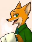 anthro black_nose clothed clothing container cup dipstick_ears ear_markings fur holding_container holding_cup holding_object multicolored_ears necktie open_mouth open_smile orange_body orange_fur shirt simple_background smile solo tan_background topwear marema_kishin disney zootopia nick_wilde canid canine fox mammal red_fox true_fox 2019 3:4 digital_media_(artwork) hi_res