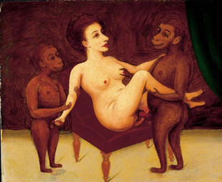 balls bestiality breasts chair curtains erection female female_on_feral feral feral_penetrating feral_penetrating_human furniture genitals group group_sex human_focus human_on_feral human_penetrated interspecies male male/female male_penetrating nipples not_furry_focus nude penetration penis sex threesome trio vaginal vaginal_penetration vulva unknown_artist haplorhine human mammal monkey primate formal_art
