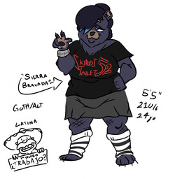 anthro big_breasts black_clothing black_hair black_shirt black_topwear blue_eyes bottomwear bracelet breasts brown_nose claws clothing dark_body dark_fur female fishnet_clothing fishnet_leggings fishnet_legwear footwear fur gesture hair hand_gesture hand_on_hip hat headgear headwear highlights_(coloring) jewelry leggings legwear neck_tuft oversized_clothing pattern_clothing pattern_footwear pattern_legwear pattern_socks ponytail shirt simple_background skirt slightly_chubby slightly_chubby_female smile smiling_at_viewer smirk socks solo sombrero striped_clothing striped_footwear striped_socks stripes t-shirt text text_on_clothing topwear torta tuft v_sign wide_hips bbqnboots40 skibidi_toilet sierra_bravada bear black_bear mammal ursine flat_colors