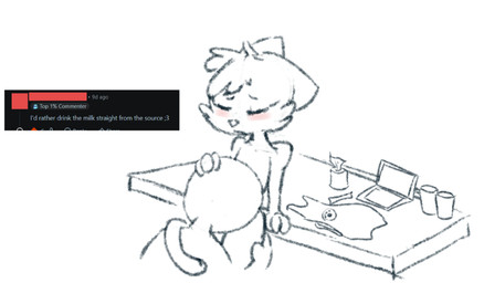 anthro apron apron_only bench blush clothing comment computer container cup duo electronics eyes_closed fellatio hand_on_head laptop leaning_on_table male male/male oral penile sex tail_wrapped_around_body text tissue tissue_box wizzet humanoid absurd_res english_text hi_res