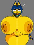 anthro areola big_breasts big_nipples black_eyes blue_hair breasts female hair huge_breasts hyper hyper_breasts markings navel nipple_piercing nipples nude orange_areola orange_nipples piercing pubes solo striped_markings striped_tail stripes tail tail_markings thick_thighs wide_hips yellow_body anothercat animal_crossing nintendo ankha_(animal_crossing) domestic_cat felid feline felis mammal