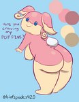 anthro audino biofspades420 blue_eyes breasts butt color_swatch digital_media_(artwork) english_text female generation_5_pokemon hi_res looking_at_viewer looking_back mcnuggies meme nintendo nipples nude pink_body pokemon pokemon_(species) presenting presenting_hindquarters side_boob simple_background slightly_chubby solo tail text thick_thighs