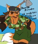 angry anthro army beret bottomwear brazil breasts cleavage clothed clothing dialogue female fur hand_on_hip hat headgear headwear leaning leaning_forward looking_at_viewer military name_tag orange_body orange_fur simple_background skirt soldier soldier_uniform solo text tools warrior naysayingmongrel miranda_(naythf) canid canine mammal maned_wolf hi_res meme portuguese_text sketch translated