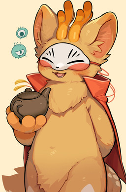 anthro blush cape chest_tuft clothing fangs hand_behind_back holding_object holding_teapot kemono male open_mouth red_cape red_clothing simple_background solo teapot teeth tuft kuromu fabulous_beasts sibuxiang_the_deer_(fabulous_beasts) deer mammal 2026 absurd_res hi_res japanese_description