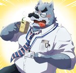 anthro belly blue_body blush clothing container cup facial_hair humanoid_hands kemono male mug mustache necktie overweight overweight_male shirt solo tongue tongue_out topwear emufu canid canine canis domestic_dog mammal 2022 hi_res