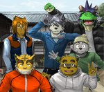 2016 accessory akira_nikaidou anthro asian_mythology beanie black_clothing black_jacket black_nose black_topwear blue_clothing blue_jacket blue_shirt blue_topwear bored brown_nose buckteeth canid canine canis chin_tuft chuukichi_(morenatsu) clothed clothing countershade_torso countershading detailed_background domestic_dog dragon east_asian_mythology eastern_dragon equid equine eyes_closed eyewear facial_markings facial_tuft fangs felid fully_clothed fur gesture glasses green_body green_clothing green_scales green_shirt green_topwear grey_body grey_clothing grey_fur grey_hair grey_hoodie grey_shirt grey_topwear grimace group group_photo hair hand_gesture hand_on_shoulder hat head_markings headband headgear headwear hoodie horse husky jacket kounosuke_(morenatsu) kouya_(morenatsu) looking_at_viewer male mammal mane markings mask_(marking) monotone_body monotone_fur morenatsu mouse murid murine mythological_creature mythological_scalie mythology nordic_sled_dog outside pantherine pink_nose poge_jirushi pose posing_for_picture purple_hair raccoon_dog red_clothing red_headband red_jacket red_topwear rodent scales scalie shirt smile spitz tan_body tan_fur tan_scales tanuki tatsuki_(morenatsu) teeth tiger topwear torahiko_(morenatsu) tuft v_sign vest waving whiskers yellow_body yellow_fur