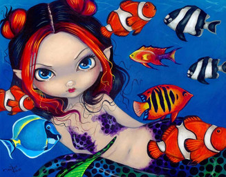 alternative_fashion ambiguous_gender black_hair blue_background blue_eyes bra_(anatomy) breasts eyebrows eyelashes female feral fin fish_tail goth group hair hair_bun humanoid_pointy_ears legless lips long_hair looking_at_viewer makeup mermaid_tail navel nude pointy_ears pupils red_hair red_lips simple_background split_form tail tail_fin underwater water jasmine_becket-griffith clownfish fish humanoid humanoid_merfolk mammal marine merfolk pomacentrid dated formal_art painting_(artwork) traditional_media_(artwork) traditional_painting_(artwork)