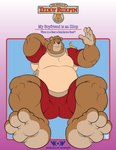 50percentgrey anthro arthropod bear book_cover burly cover feet grub_(insect) grubby hand_behind_head hi_res himbo insect larva male mammal musclegut muscular open_hand smile soles teddy_ruxpin teddy_ruxpin_(series) toes trademark ursine wide_hips