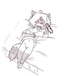 anthro bed blush bottomless bow_panties bow_underwear clothed clothing eyes_closed female footwear frilly frilly_clothing frilly_panties frilly_underwear furniture genitals hair holding_clothing holding_object holding_panties holding_underwear loli navel open_mouth panties pussy short_hair sleeping socks solo underwear young young_anthro young_female domzywomzy hailey_(kittyprint) domestic_cat felid feline felis mammal absurd_res hi_res monochrome