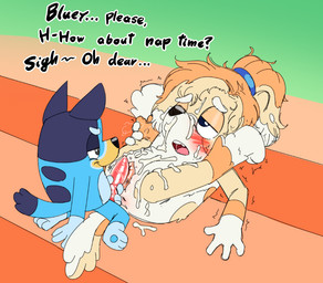 adult_on_young after_orgasm age_difference animal_genitalia animal_penis animal_vulva anthro blue_body blue_fur blush bodily_fluids canine_genitalia canine_penis canine_vulva crossgender cum cum_everywhere cum_on_belly cum_on_body cum_on_face dominant dominant_young duo erection female from_front_position fur genital_fluids genitals hair half-closed_eyes holding_penis knot knotted_penis lying male male/female messy missionary_position narrowed_eyes nude on_back open_mouth orange_body orange_fur penile penis questionable_consent saliva sex shaking simple_background size_difference smile spread_legs spreading tail text tongue vulva young young_anthro young_male younger_male soulcentinel bluey_(series) bluey_heeler frisky_(bluey) australian_cattle_dog bird_dog canid canine canis cattledog cocker_spaniel domestic_dog herding_dog hunting_dog mammal pastoral_dog spaniel digital_drawing_(artwork) digital_media_(artwork) english_text