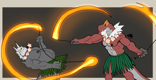 abs anthro belly biceps big_muscles biped blush blush_lines bodily_fluids clothed clothing dancing duo erect_nipples eyebrows fire fire_dancer fire_dancing fire_meteor fire_performance flying_sweatdrops garland grass_skirt grey_body grey_scales hawaiian lei luau male male/male mature_male musclegut muscular navel nervous nipples open_mouth performance_art pupils red_body red_scales scales snout spikes spikes_(anatomy) strength sweat sweatdrop tail topless topless_anthro topless_male torch triceps ventral_scales white_sclera yellow_sclera hunter-husky nintendo pokemon anton_o'moore curtis_sara_taylor aggron fossil_pokemon generation_3_pokemon generation_6_pokemon pokemon_(species) scalie tyrantrum hi_res