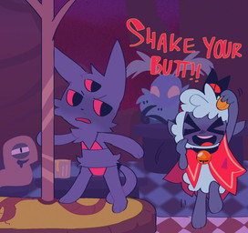 3_eyes ambiguous_anthro ambiguous_gender anthro bell bell_collar bikini clothing collar fur group multi_eye swimwear talking_to_another text two-piece_swimsuit xamsdy cult_of_the_lamb massive_monster_(studio) lamb_(cult_of_the_lamb) narinder bovid caprine domestic_cat felid feline felis mammal sheep 2025 digital_drawing_(artwork) digital_media_(artwork) english_text hi_res