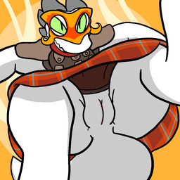anthro bottomwear clothed clothing female genitals green_sclera kilt mask masquerade_mask pattern_clothing plaid plaid_clothing simple_background skirt solo upskirt vulva white_body trout_(artist) somatila kobold reptile scalie 1:1 2017 aliasing digital_media_(artwork)