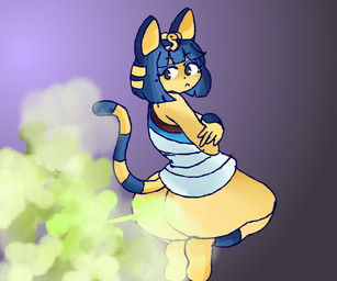 :< anthro big_butt biped black_eyes blue_eyeshadow blue_hair bob_cut bottomless bracelet butt clothed clothing crossed_arms eyeshadow fart fart_cloud fart_fetish female green_fart_cloud hair jewelry kalasiris kneeling looking_back makeup markings purple_background rear_view seiza short_hair simple_background sitting solo striped_markings striped_tail stripes tail tail_markings thick_thighs topwear uraeus yellow_body kirbyoblue animal_crossing nintendo ankha_(animal_crossing) domestic_cat felid feline felis mammal 2020 6:5 digital_media_(artwork) full-length_portrait hi_res portrait