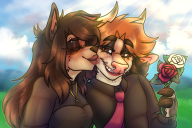 anthro blush duo eyebrow_piercing facial_piercing female flower horn kiss_mark kissing kissing_cheek love male male/female nose_piercing piercing plant red_rose romantic romantic_couple rose_(flower) white_rose danny_panny_pie daniel_damian nai bovid bovine canid canine canis cattle domestic_dog mammal 3:2 absurd_res hi_res
