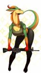 anthro bottomwear breasts butt clothed clothing female green_body green_skin gun holding_gun holding_object holding_ranged_weapon holding_weapon horn k2_rifle looking_at_viewer non-mammal_breasts pants pupils ranged_weapon red_body red_skin rifle simple_background slit_pupils solo standing tan_body tan_skin weapon yoga_pants pgm300 miranda_(heatboom) reptile scalie absurd_res digital_media_(artwork) hi_res shaded