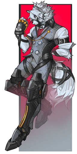 anthro belt best bottomwear clothing cybernetic_leg cybernetic_limb fingerless_gloves fur gloves gold_(metal) hair handwear looking_at_viewer male pants red_eyes shirt solo tail topwear white_body white_fur o_tout0 mihoyo zenless_zone_zero von_lycaon canid canine canis mammal thiren wolf 2026 absurd_res hi_res