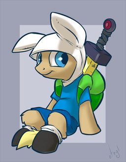 alternate_species backpack blue_eyes clothed clothing feral male melee_weapon ponification scarlet_(adventure_time) simple_background smile solo sword weapon atryl adventure_time cartoon_network hasbro my_little_pony finn_the_human equid equine horse mammal pony crossover digital_media_(artwork)