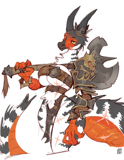 5_fingers anthro armor axe belt belt_bra big_breasts black_body black_fur bottomwear breasts claws cleavage clothed clothing curvy_figure facial_scar female finger_claws fingers fur holding_axe holding_object horn loincloth markings multicolored_body narrowed_eyes non-mammal_breasts orange_body scar scuted_arms scutes shoulder_armor simple_background small_waist solo standing striped_markings stripes tail thick_thighs unconvincing_armor under_boob warlord white_background white_body white_fur wide_hips yellow_sclera foresttherotten furred_kobold furred_scalie kobold scalie 2026 absurd_res digital_media_(artwork) hi_res sketch watermark