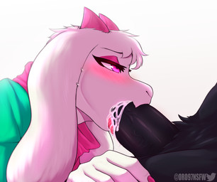anthro big_penis black_body black_fur black_penis blush bodily_fluids cum cum_in_mouth cum_inside duo ejaculation eyelashes eyeliner eyeshadow fellatio femboy floppy_ears fur genital_fluids genitals half-closed_eyes horn humanoid_genitalia long_ears makeup male male/male narrowed_eyes oral oral_penetration penetration penile penis pink_eyes scarf seductive sex simple_background tongue vein veiny_penis white_background white_body white_fur oro97 deltarune undertale_(series) ralsei avian bovid caprine darkner goat mammal swatchling absurd_res hi_res